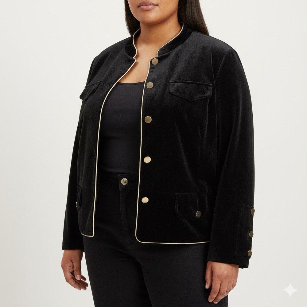 WHO WHAT WEAR Black Velvet Military Style Jacket Gold Buttons & Trim Wms 3x